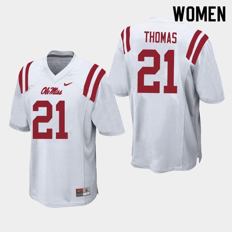 Women #21 Damarcus Thomas Ole Miss Rebels College Football Jerseys Sale-White - Click Image to Close